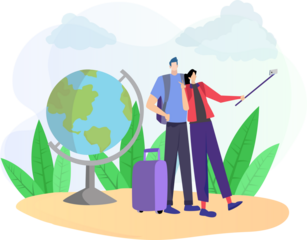 Cartoon Couple Taking Selfie with World Globe and Luggage Against a Cloudy Sky Backdrop for Travel Concept