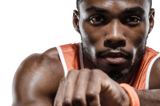 Closeup portrait of a sweaty african american man, a basketball player, looking intensely at the camera, isolated on transparent background