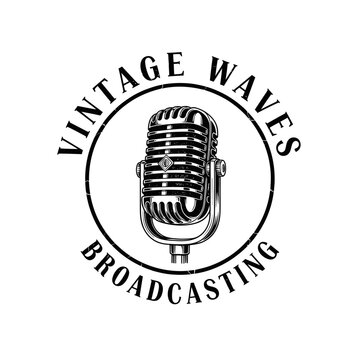 Black and white vintage microphone logo with 'Vintage Waves Broadcasting' text in a circular emblem, featuring a classic broadcast design.