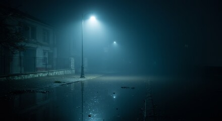 Naklejka premium Streetlamp Glowing in Flooded City Representing Loneliness