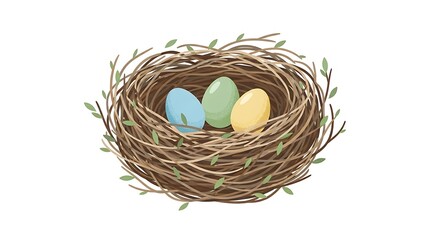 Bird Nest with Colorful Eggs Simple Graphic on White