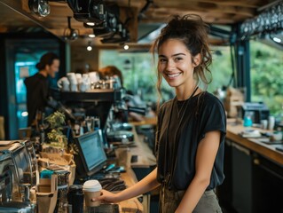 Fototapeta premium Barista woman smiling at coffee shop counter handing coffee