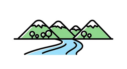 Mountain Landscape with River and Trees Simple Line Art