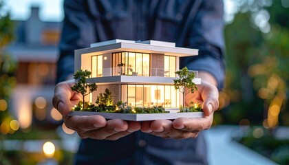 a Person's hands hold a digital 3D model of house showcasing modern architecture
