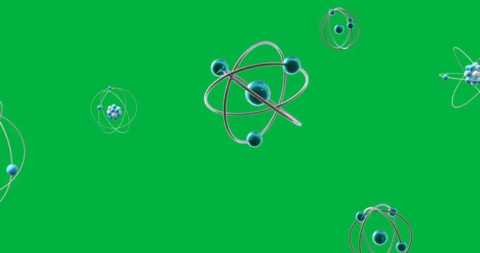 Animation of spinning atom icons over transparent background