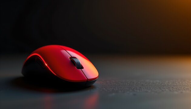 A red computer mouse resting on a surface against an out of focus background.