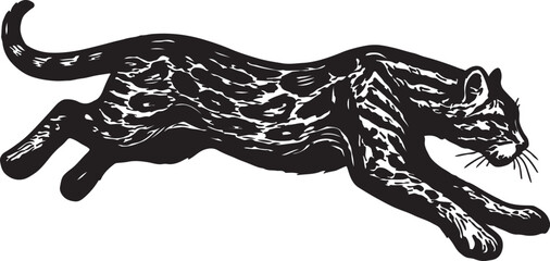 Dynamic black panther illustration in a powerful leaping pose against a white background showcasing its spotted coat and sleek musculature