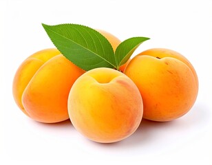 Fresh and Juicy Peaches with Green Leaves on White Background.