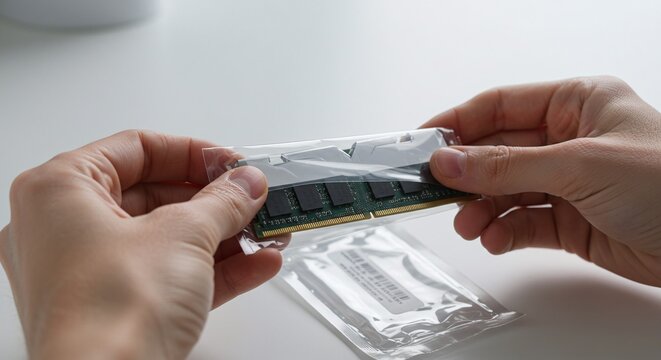 Hands removing a new computer memory module from its protective anti-static bag for installation.Concept of computer hardware installation and upgrade. - Powered by Adobe