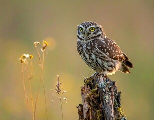 Obraz premium Little owl perched on weathered wood stump, soft light