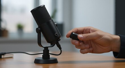 Person adjusting a modern, high-quality USB microphone on a desk, used for podcasting or online communication.Concept of professional audio and content creation.