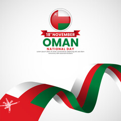 Oman national day greeting card, square banner background with warving ribbon flag