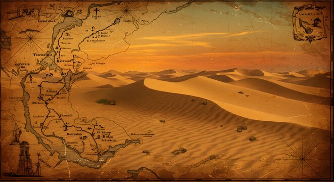 Vintage desert map and landscape depicting sand dunes and sunset