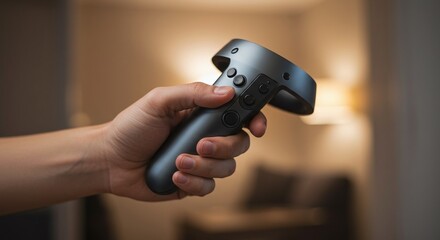 Person holding a modern VR (virtual reality) controller, ready to interact with an immersive digital environment.Concept of virtual reality and home entertainment.