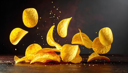 crispy golden potato chips floating on dark background