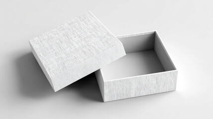 An open white textured square gift box with its lid leaning against the side on a clean plain background