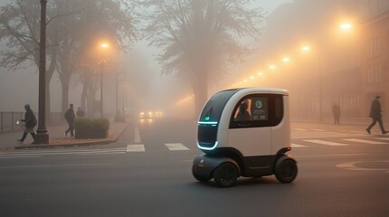Obraz premium Autonomous car with foggy city street.