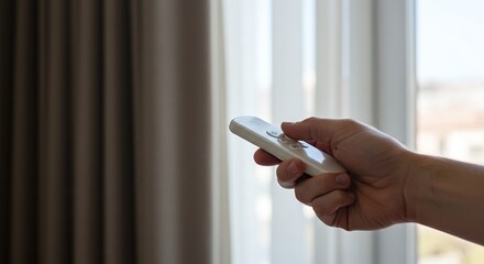 Person operating a smart remote control to adjust motorized blinds or curtains in a modern home.Concept of home automation and comfort.