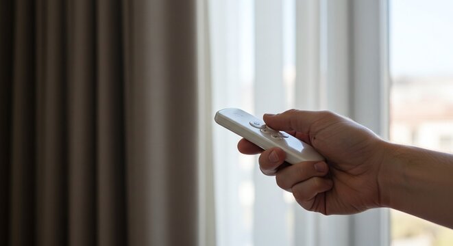 Person operating a smart remote control to adjust motorized blinds or curtains in a modern home.Concept of home automation and comfort.