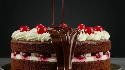 Delicious rich dark chocolate sauce is smoothly poured over a beautifully decorated two-tier chocolate cherry cake with whipped cream frosting. - Powered by Adobe