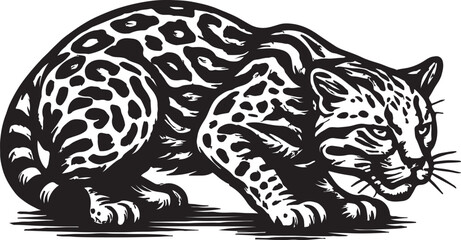 Stylized black and white illustration of a jaguar with distinctive spotted coat in a low crouch