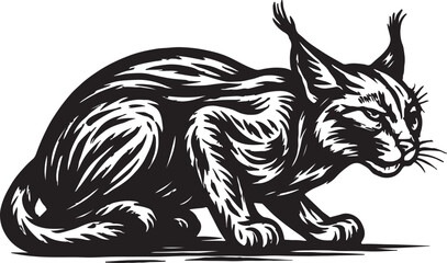 Stylized black and white woodcut illustration of a wild lynx cat with tufted ears sitting alertly