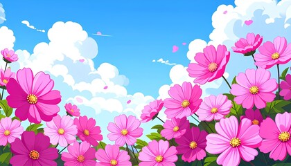 cartoon illustration of pink cosmos flowers on the blue sky background with copy space