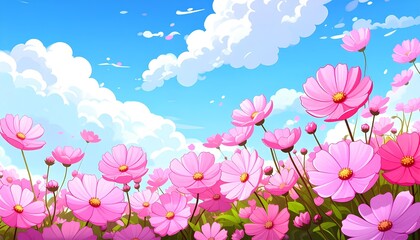 cartoon illustration of pink cosmos flowers on the blue sky background with copy space