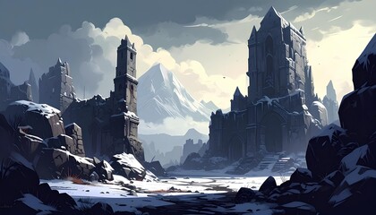 cartoon illustration of ancient ruins and snowy mountains in the midnight in monochrome colors