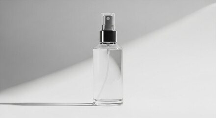 Clear Cosmetic Spray Bottle Mockup on White Background with Diagonal Light and Shadow