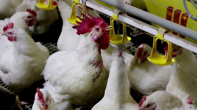 Chicken Farm poultry production healthy chicken and fresh eggs eating and drinking cage