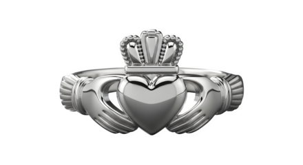 Silver claddagh ring with heart and crown isolated on transparent background