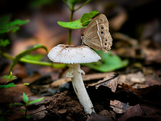A butterfly sits on a white mushroom, found at Umphang Wildlife Sanctuary, Doi Hua Mot.