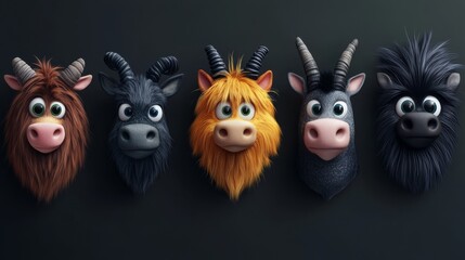 16.Set of Cute Animal Faces with Hair Texture on Background