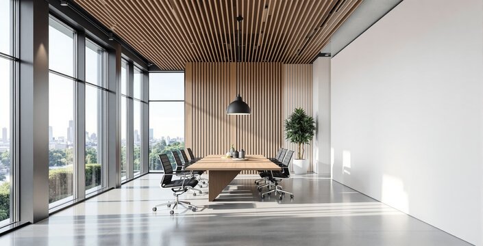 Modern conference room with wooden ceiling design and minimalist concept, featuring panoramic windows and natural light filled interior workspace. Ai generative