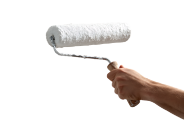 Hand holding a paint roller with white paint, isolated on transparent background