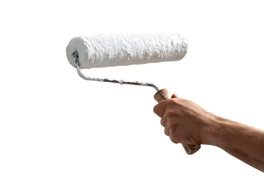 Hand holding a paint roller with white paint, isolated on transparent background