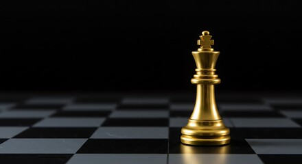 Golden chess king on checkered board against dark background