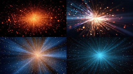 Explosions of light and color radiate from a central point in these four images