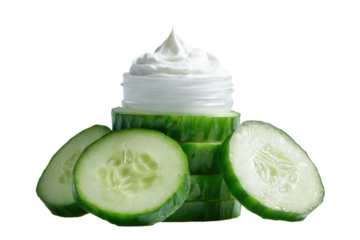 Creamy white moisturizer atop stacked cucumber slices