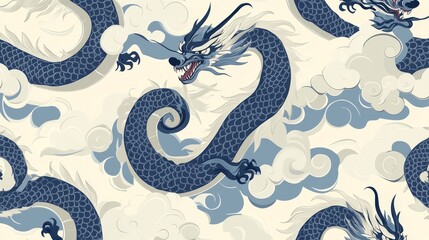 35.A seamless vector pattern showcasing traditional Chinese dragons with elongated bodies and flowing whiskers, intertwined with stylized clouds, rendered in a classic blue and white color scheme.