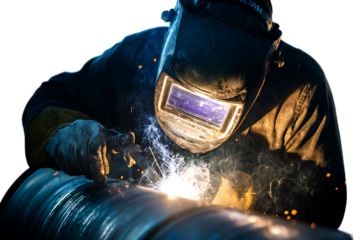 Welder wearing a mask and protective clothing, welding a metal pipe with bright sparks flying, isolated on transparent background