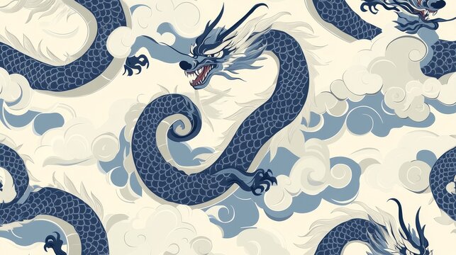 35.A seamless vector pattern showcasing traditional Chinese dragons with elongated bodies and flowing whiskers, intertwined with stylized clouds, rendered in a classic blue and white color scheme.