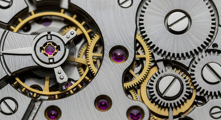 Close up of watch mechanism isolated on white background with gears