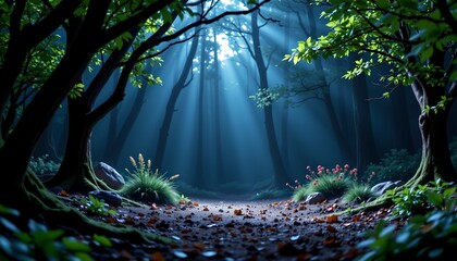 A serene nighttime forest scene. A winding dirt path meanders through the center of the frame, flanked by towering trees and lush vegetation