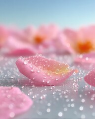 Macro Close Up of Pink Rose Petals with Dewdrops on Gray Surface Under Soft Lighting