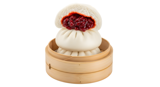 Steamed bun with red filling in a bamboo steamer, isolated on transparent background