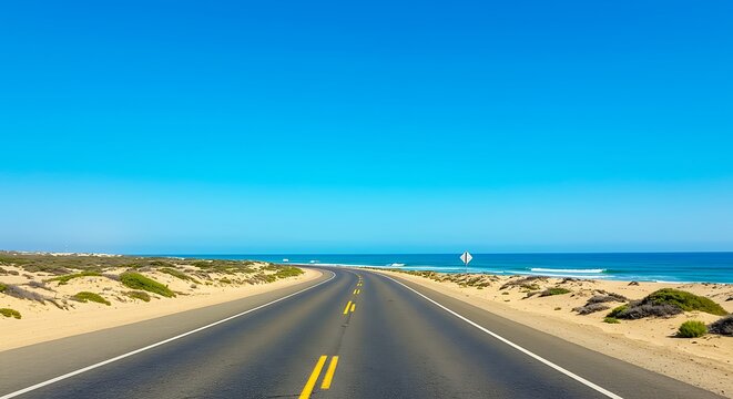 Scenic coastal highway curves alongside sandy dunes and blue ocean under clear sky