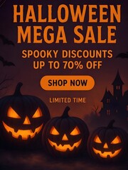 Halloween Mega Sale Flyer with Haunted House, Pumpkins, and Spooky Night Background