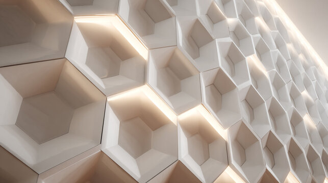 A modern white wall with a glowing geometric honeycomb pattern provides a futuristic architectural background